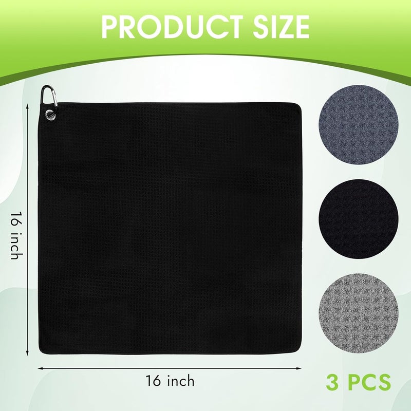 PEASUG 3 Pack Golf Towels (16" x 16"), Absorbent Waffle Pattern Golf Towel for Golf Bag, Tri-Fold Portable Microfiber Golf Towels for Men & Women with Carabiner Clip, Gray/Navy Blue/Black - Image 2